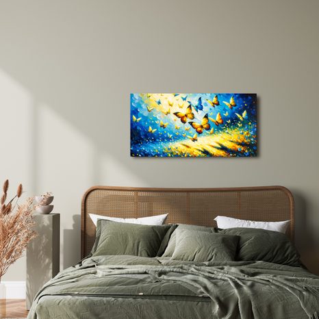 QUADRO SU TELA – CREPUSCOLO BLU E GIALLO DI FARFALLE - QADRI DI FARFALLE - STAMPE E QUADRI