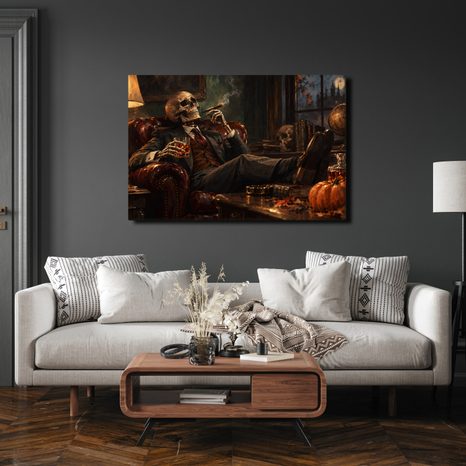 QUADRO SU TELA – SCHELETRO CON SIGARO E WHISKY - QUADRI HALLOWEEN E HORROR - STAMPE E QUADRI