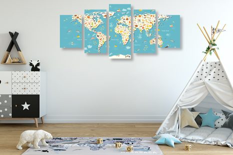 5-DÍLNÝ OBRAZ DĚTSKÁ MAPA SE ZVÍŘÁTKY - DĚTSKÉ OBRAZY - OBRAZY