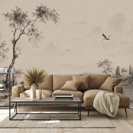 ZELFKLEVEND FOTOBEHANG VINTAGE LANDSCHAP MET KRAANVOGELS - FOTOBEHANG BOS - FOTOBEHANG