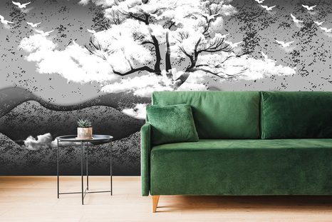 CARTA DA PARATI AUTOADESIVA – ALBERO IN BIANCO E NERO TRA LE NUVOLE - CARTA DA PARATI AUTOADESIVE - CARTA DA PARATI