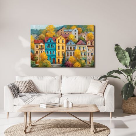 WANDBILD HERBSTLICHER ZAUBER IN DER STRASSE - BUNTE HÄUSER - BILDER