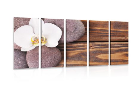 5 PART PICTURE WELLNESS STONE AND ORCHID ON WOODEN BACKGROUND