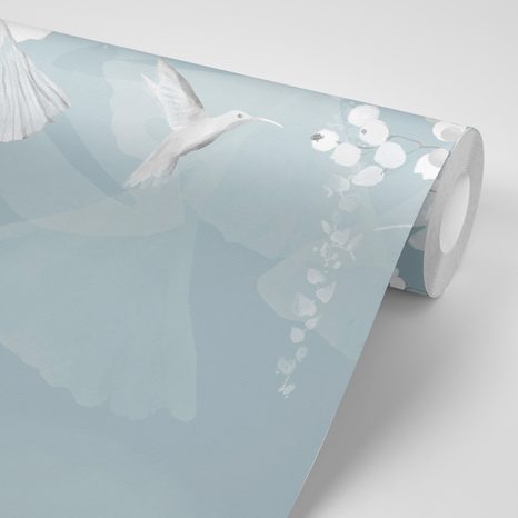 CARTA DA PARATI AUTOADESIVA – FOGLIE CON COLIBRÌ IN BLU-GRIGIO - CARTA DA PARATI AUTOADESIVE - CARTA DA PARATI