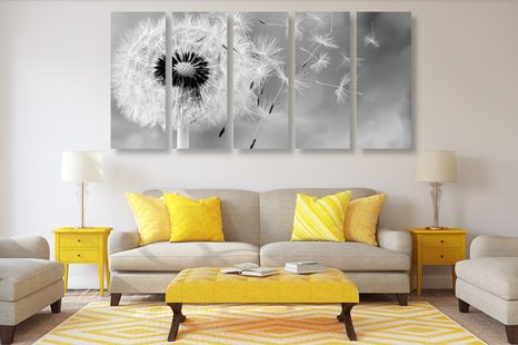 TABLOU 5-PIESE PĂPĂDIE MAGICĂ ÎN DESIGN ALB-NEGRU - TABLOURI ALB-NEGRU - TABLOURI