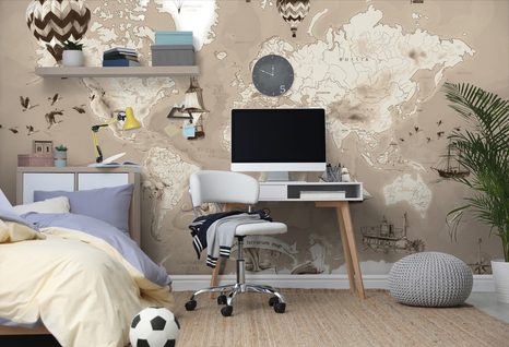 TAPETA BÉŽOVÁ KRESLENÁ MAPA S PLAVIDLY - TAPETY MAPY - TAPETY