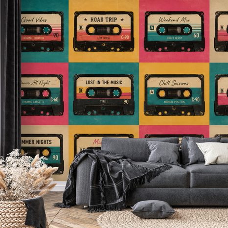 TAPETE RETRO BUNTE AUDIOKASSETTEN - MUSIK FOTOTAPETEN - TAPETEN