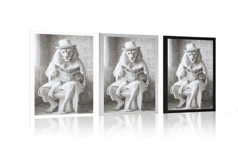 POSTER WEISSER LÖWE MIT EINER ZEITUNG AUF DEM KLO - LÖWE UND TIGER - POSTER