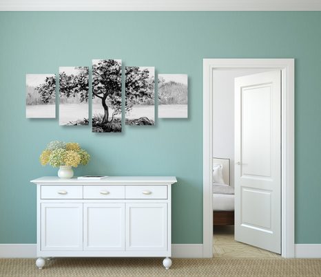 5-DIELNY OBRAZ ORIENTÁLNA ČEREŠŇA V ČIERNOBIELOM PREVEDENÍ - ČIERNOBIELE OBRAZY - OBRAZY