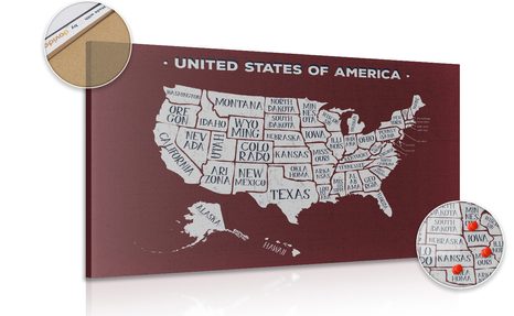 PICTURE ON CORK EDUCATIONAL MAP OF USA WITH BURGUNDY BACKGROUND