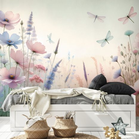FOTOTAPETA PASTELOVÉ KVĚTY A VÁŽKY - TAPETY KVĚTINY - TAPETY