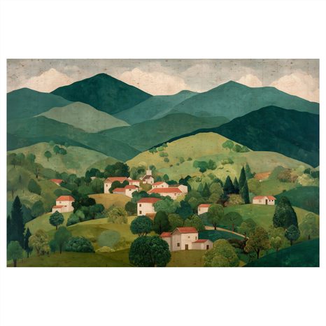 WANDBILD LÄNDLICHE LANDSCHAFT IM TAL - BUNTE HÄUSER - BILDER