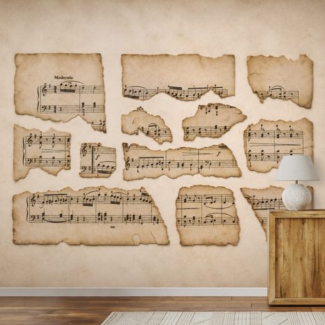 SELBSTKLEBENDE TAPETE VINTAGE NOTENBLÄTTER - MUSIK FOTOTAPETEN - TAPETEN