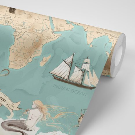 SAMOLEPIACA TAPETA MODRO-BÉŽOVÁ KRESLENÁ MAPA S PLAVIDLAMI - SAMOLEPIACE TAPETY - TAPETY