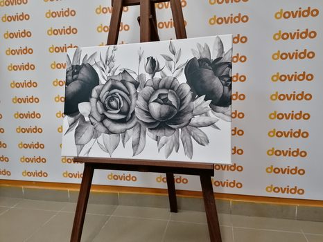 WANDBILD BEZAUBERNDE KOMBINATION VON BLUMEN UND BLÄTTERN IN SCHWARZ-WEISS - SCHWARZ-WEISSE BILDER - BILDER