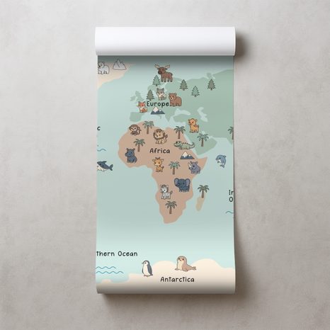 FOTOTAPETA DĚTSKÁ MAPA SVĚTA SE ZVÍŘATY - DĚTSKÉ TAPETY - TAPETY