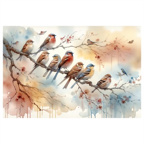 QUADRO SU TELA – STORMO DI UCCELLI SUL RAMO - QADRI DI UCCELLI - STAMPE E QUADRI