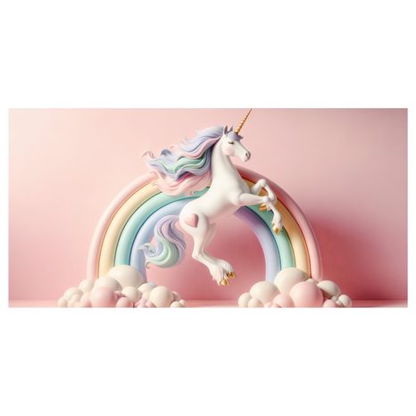 WANDBILD MÄRCHENHAFTES EINHORN AUF PASTELLFARBENEM REGENBOGEN - KINDERBILDER TIERE - BILDER