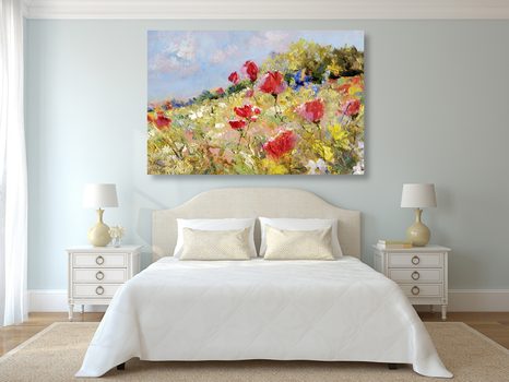 WANDBILD GEMALTE MOHNBLUME AUF DER WIESE - BILDER BLUMEN - BILDER