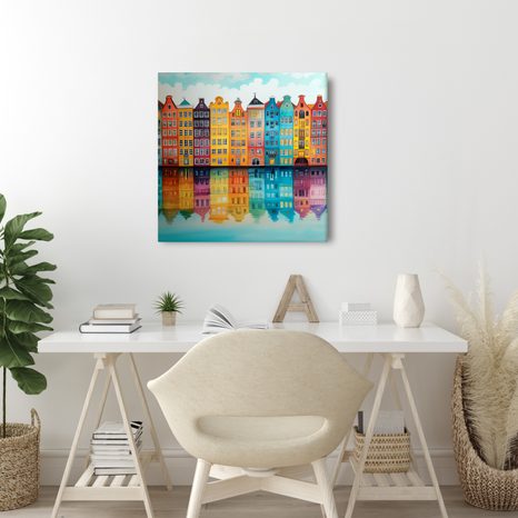 OBRAZ ODRAZ DOMŮ NA VODĚ - BAREVNÉ DOMY - OBRAZY