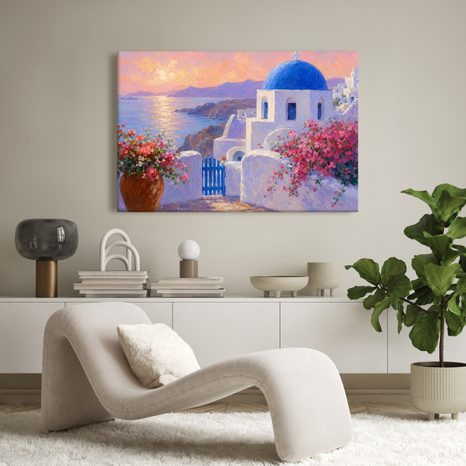 TABLEAU SUR TOILE – CÔTE DE SANTORIN AU COUCHER DU SOLEIL - TABLEAUX DE LA MER ET DE LA PLAGE - TABLEAUX