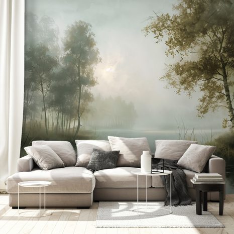 TAPET AUTOADEZIV PEISAJ DE PĂDURE ÎN CEAȚĂ - TAPET COPACI - TAPETURI