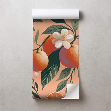 SELBSTKLEBENDE TAPETE ORANGEN UND BLUMEN AUF APRIKOSENFARBENEM HINTERGRUND - TAPETEN MIT ESSEN UND GETRÄNKEN - TAPETEN