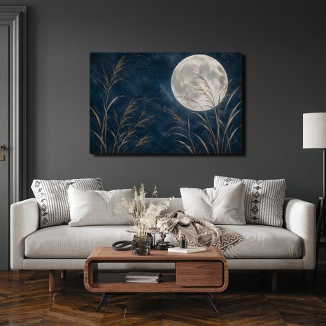 TABLEAU SUR TOILE – NUIT AU CLAIR DE LUNE DANS LES ROSEAUX DORÉS - TABLEAUX MOIS - TABLEAUX