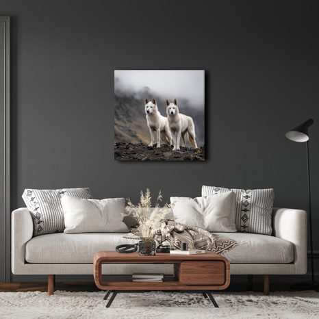 WANDBILD WEISSE WÖLFE AUF FELSEN - BILDER VON HUNDEN - BILDER