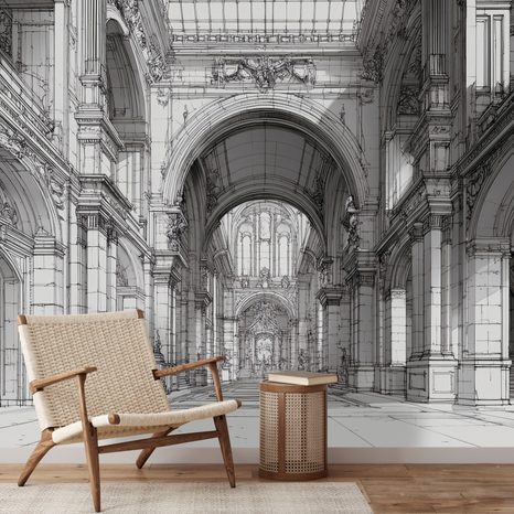 TAPETA HISTORICKÁ ARCHITEKTURA V ČERNOBÍLÉ KRESBĚ - ČERNOBÍLÉ TAPETY - TAPETY