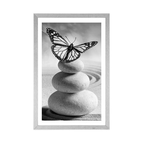 PLAKÁT S PASPARTOU ROVNOVÁHA KAMENŮ A MOTÝL V ČERNOBÍLÉM PROVEDENÍ - ČERNOBÍLÉ - PLAKÁTY