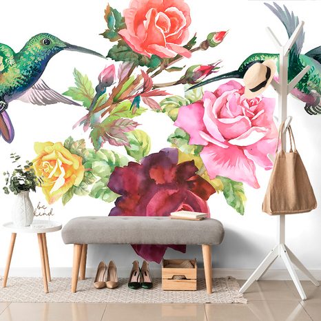 TAPETA KOLIBRY Z KWIATAMI - TAPETA W STYLU VINTAGE I RETRO - TAPETY