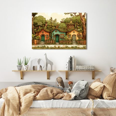 WANDBILD MÄRCHENHAFTE HÄUSER IM GARTEN - BUNTE HÄUSER - BILDER