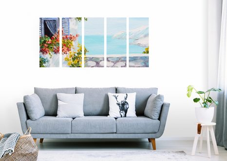 5-DIELNY OBRAZ DOMČEK A VÝHĽAD NA MORE - OBRAZY PRÍRODY A KRAJINY - OBRAZY