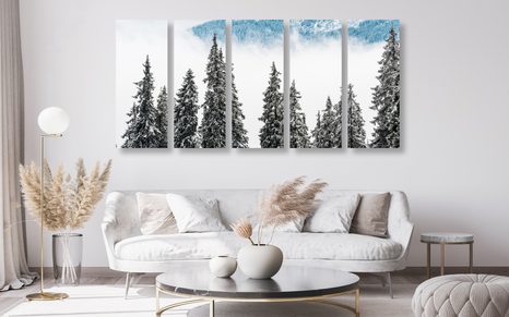 5-TEILIGES WANDBILD SCHNEEBEDECKTE KIEFERN - BILDER VON NATUR UND LANDSCHAFT - BILDER