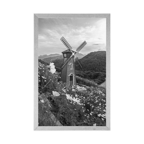 POSTER MEADOW BY THE MAGIC MILL IN BLACK AND WHITE - NATURE - POSTERS