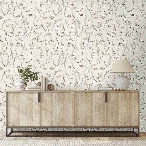 TAPETA ABSTRAKTNÍ KRESBY TVÁŘÍ NA BÉŽOVÉM POZADÍ - TAPETY LIDÉ A CELEBRITY - TAPETY