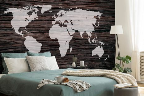 SELF ADHESIVE WALLPAPER WORLD MAP ON WOOD - SELF-ADHESIVE WALLPAPERS - WALLPAPERS