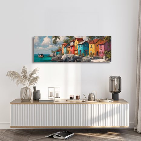 WANDBILD TROPISCHES IDYLL MIT PALMEN - BUNTE HÄUSER - BILDER