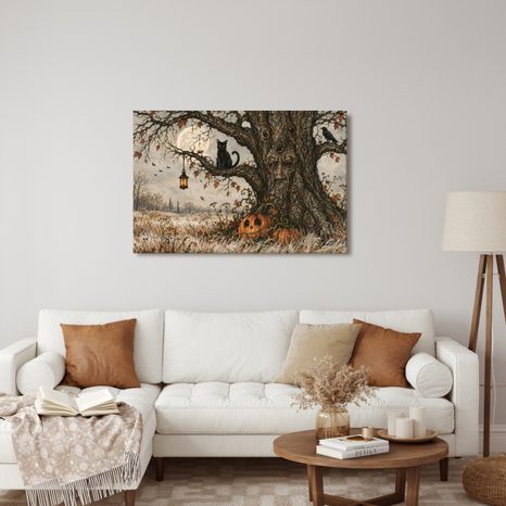 WANDBILD LEBENSBAUM MIT SCHWARZER KATZE - HALLOWEEN- UND HORROR-BILDER - BILDER