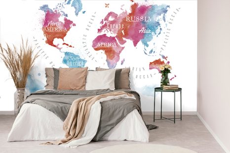 TAPETE WELTKARTE IN AQUARELL - WELTKARTEN-TAPETEN - TAPETEN