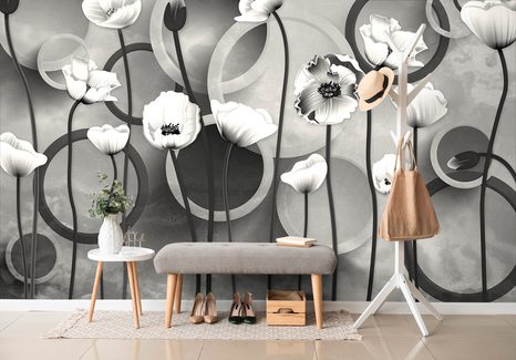 SAMOLEPÍCÍ TAPETA ČERNOBÍLÉ MÁKY NA ABSTRAKTNÍM POZADÍ - SAMOLEPÍCÍ TAPETY - TAPETY