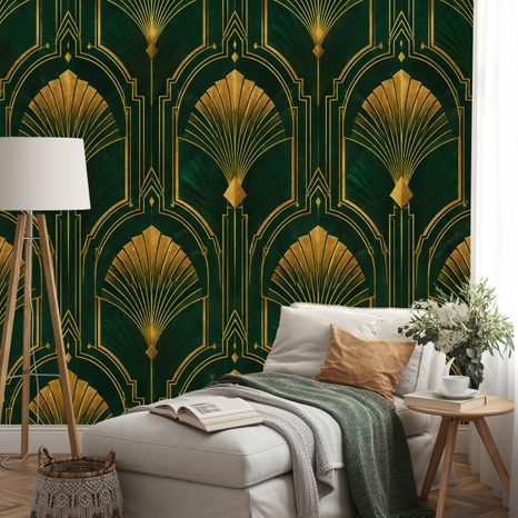 FOTÓTAPÉTA ARANY ART DECO LEGYEZŐK ZÖLD ALAPON - MINTÁS TAPÉTÁK - TAPÉTÁK