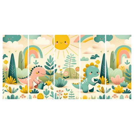 5-DIELNY OBRAZ VESELÉ DINOSAURY V DÚHOVEJ KRAJINE - DETSKÉ OBRAZY ZVIERATKÁ - OBRAZY