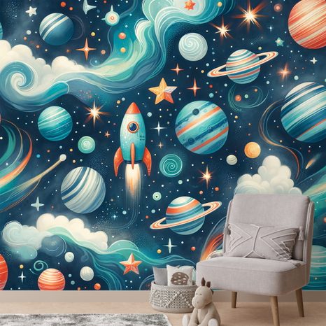 SELBSTKLEBENDE TAPETE BUNTER WELTRAUM MIT RAKETE - KINDERTAPETEN - TAPETEN