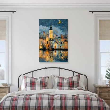 OBRAZ KOUZELNÁ ZIMNÍ NOC VE MĚSTĚ - BAREVNÉ DOMY - OBRAZY
