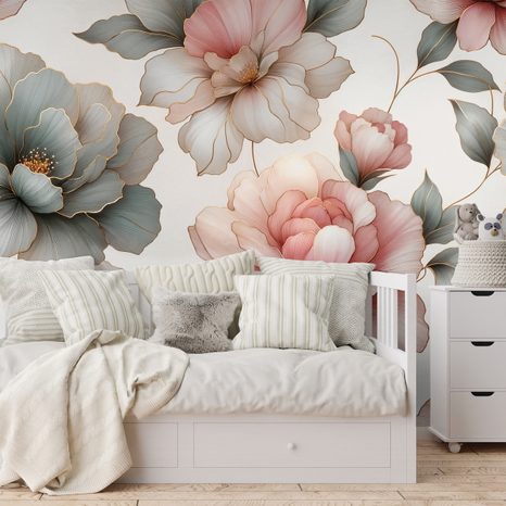 FOTOTAPETE ELEGANTE PASTELLFARBENE BLUMEN MIT BLÄTTERN - TAPETEN MIT BLUMENMOTIVEN - TAPETEN