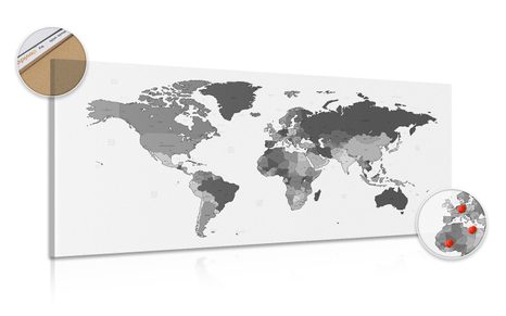 DECORATIVE PINBOARD DETAILED MAP OF THE WORLD IN BLACK AND WHITE - PICTURES ON CORK - PICTURES