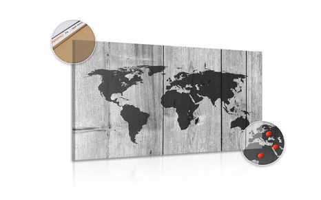 OBRAZ NA KORKU ČERNOBÍLÁ MAPA NA DŘEVĚNÉM POZADÍ - OBRAZY NA KORKU - OBRAZY