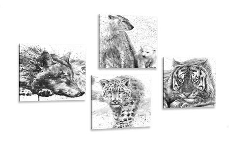 CANVAS PRINT SET ANIMALS IN BLACK AND WHITE WATERCOLOR DESIGN - SET OF PICTURES - PICTURES